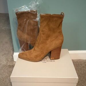 Marc Fisher Tan Suede Block Heel Ankle Boots